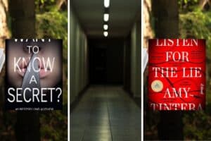 Thriller book covers and dim hallway.