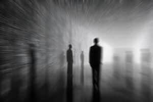 Blurred figures in a dark setting.