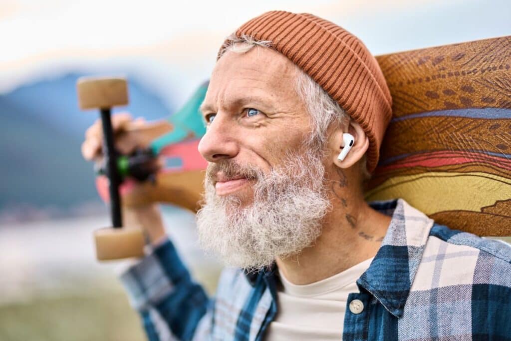 man listening to headphones.